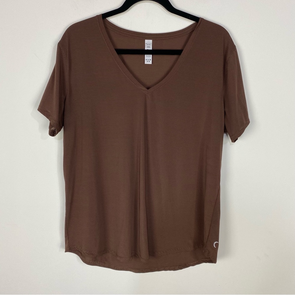 Zyia Brown Espresso Striped V Neck Short Sleeve Athletic Top Workout